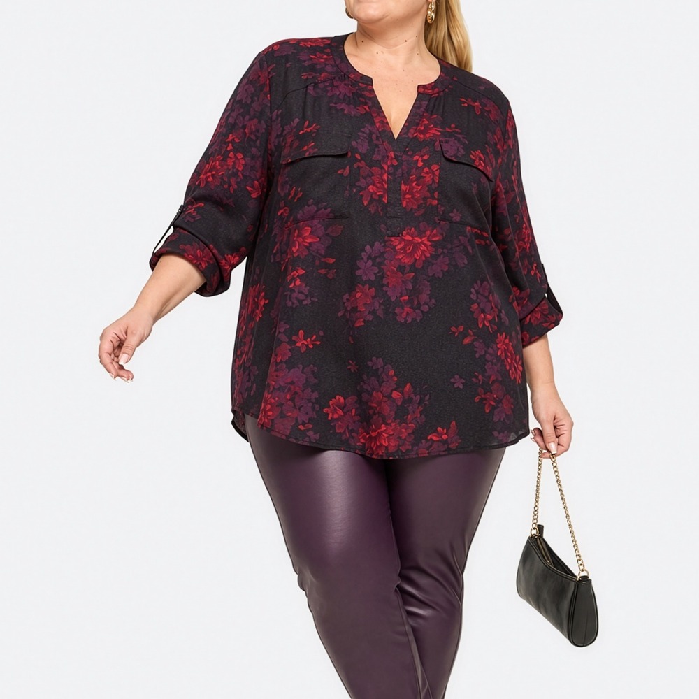 Torrid Rayon Acrylic 5X Floral Print Harper Red Purple Black Tunic Blouse